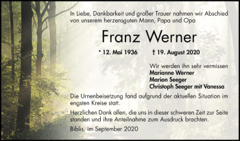 Traueranzeige von Franz Werner von Bergsträßer Anzeiger