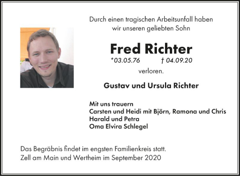  Traueranzeige für Fred Richter vom 10.09.2020 aus Fränkische Nachrichten