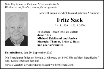 Traueranzeige von Fritz Sack von Fränkische Nachrichten