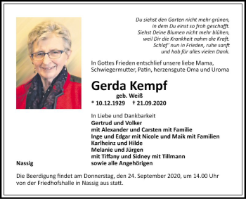 Traueranzeige von Gerda Kempf von Fränkische Nachrichten