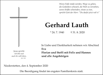 Traueranzeige von Gerhard Lauth von Fränkische Nachrichten