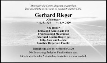 Traueranzeige von Gerhard Rieger von Fränkische Nachrichten