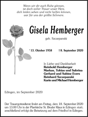 Traueranzeige von Gisela Hemberger von Mannheimer Morgen