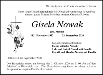 Traueranzeige von Gisela Nowak von Südhessen Morgen