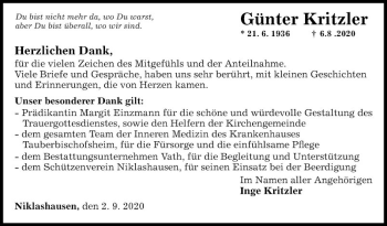 Traueranzeige von Günter Kritzler von Fränkische Nachrichten