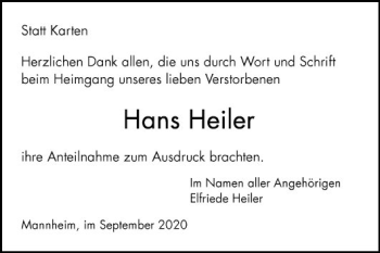 Traueranzeige von Hans Heiler von Mannheimer Morgen