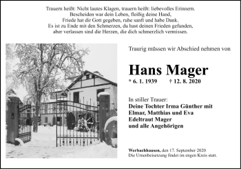 Traueranzeige von Hans Mager von Fränkische Nachrichten