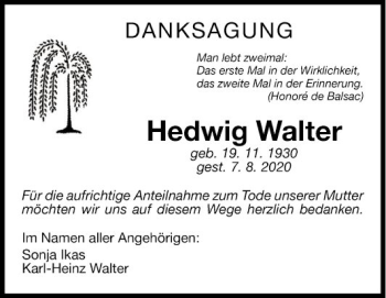 Traueranzeige von Hedwig Walter von Fränkische Nachrichten