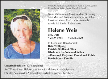 Traueranzeige von Helene Weis von Fränkische Nachrichten