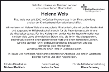 Traueranzeige von Helene Weis von Fränkische Nachrichten