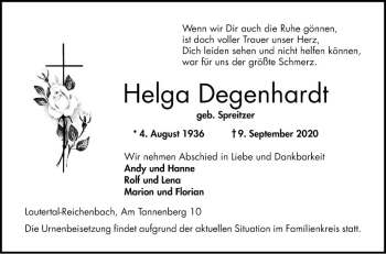 Traueranzeige von Helga Degenhardt von Bergsträßer Anzeiger