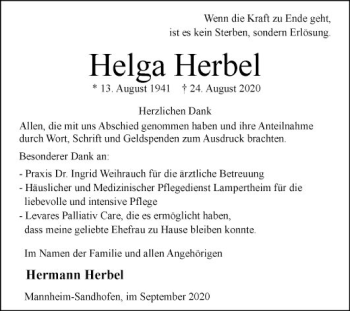 Traueranzeige von Helga Herbel von Mannheimer Morgen