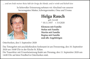 Traueranzeige von Helga Rauch von Fränkische Nachrichten