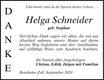 Traueranzeige von Helga Schneider von Bergsträßer Anzeiger