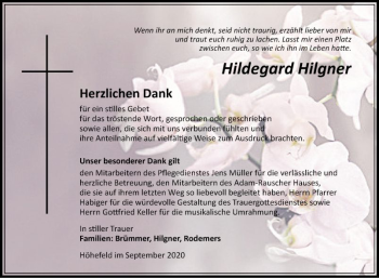 Traueranzeige von Hildegard Hilgner von Fränkische Nachrichten