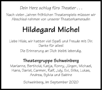 Traueranzeige von Hildegard Michel von Fränkische Nachrichten