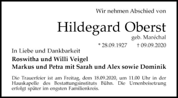 Traueranzeige von Hildegard Oberst von Mannheimer Morgen