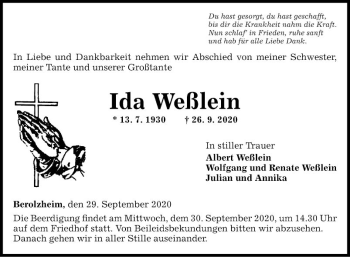 Traueranzeige von Ida Weßlein von Fränkische Nachrichten