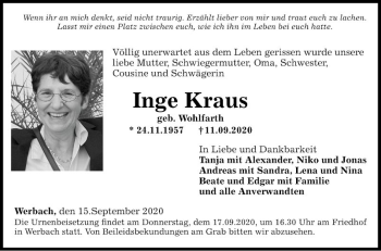 Traueranzeige von Inge Kraus von Fränkische Nachrichten