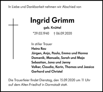 Traueranzeige von Ingrid Grimm von Mannheimer Morgen