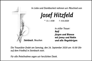 Traueranzeige von Josef Hitzleld von Fränkische Nachrichten