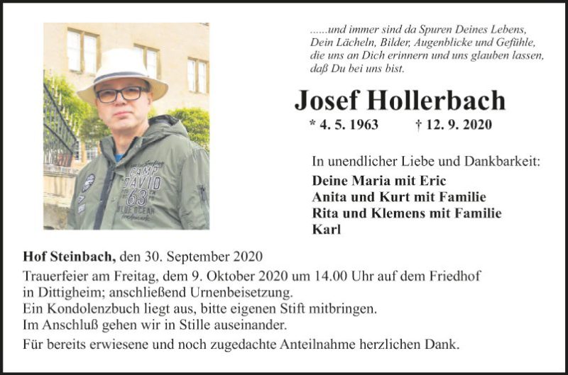  Traueranzeige für Josef Hollerbach vom 30.09.2020 aus Fränkische Nachrichten