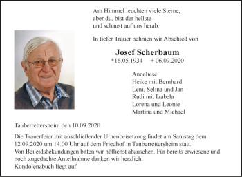 Traueranzeige von Josef Scherbaum von Fränkische Nachrichten