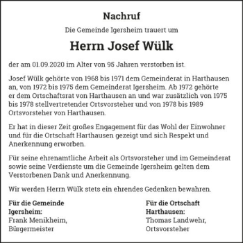 Traueranzeige von Josef Wülk von Fränkische Nachrichten