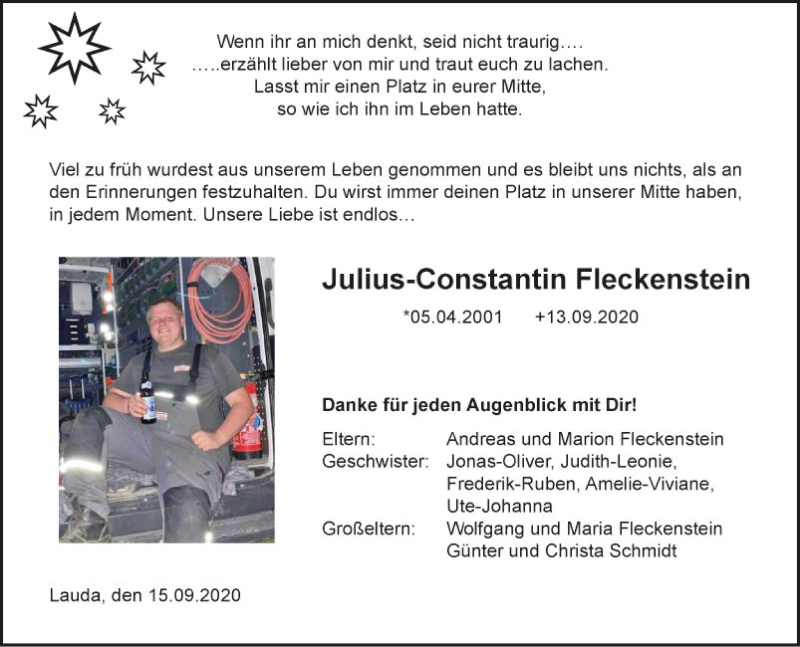  Traueranzeige für Julius-Constantin Fleckenstein vom 15.09.2020 aus Fränkische Nachrichten