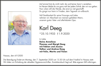 Traueranzeige von Karl Deeg von Fränkische Nachrichten