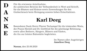 Traueranzeige von Karl Deeg von Fränkische Nachrichten