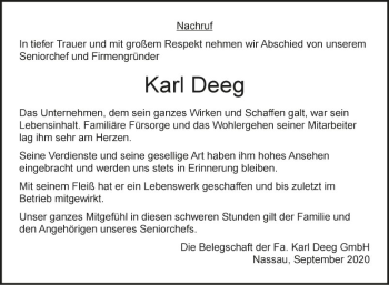 Traueranzeige von Karl Deeg von Fränkische Nachrichten