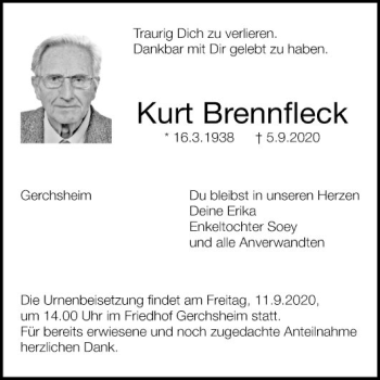 Traueranzeige von Kurt Brennfleck von Fränkische Nachrichten