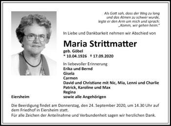 Traueranzeige von Maria Strittmatter von Fränkische Nachrichten