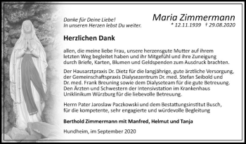 Traueranzeige von Maria Zimmermann von Fränkische Nachrichten