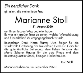 Traueranzeige von Marianne Stoll von Mannheimer Morgen