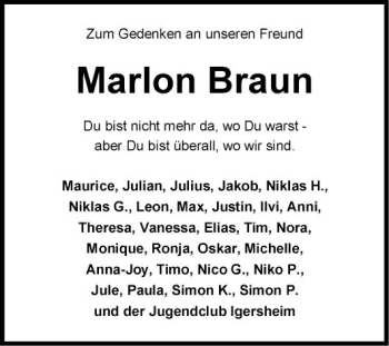 Traueranzeige von Marlon Braun von Fränkische Nachrichten