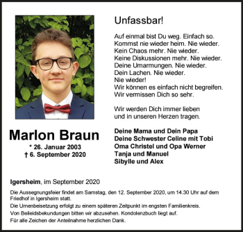 Traueranzeige von Marlon Braun von Fränkische Nachrichten