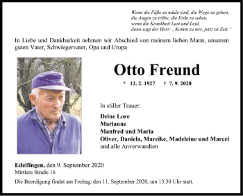 Traueranzeige von Otto Freund von Fränkische Nachrichten