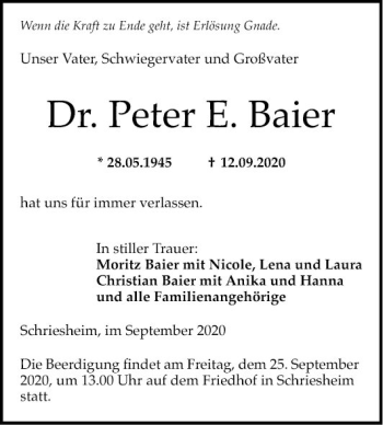 Traueranzeige von Peter E. Baier von Mannheimer Morgen