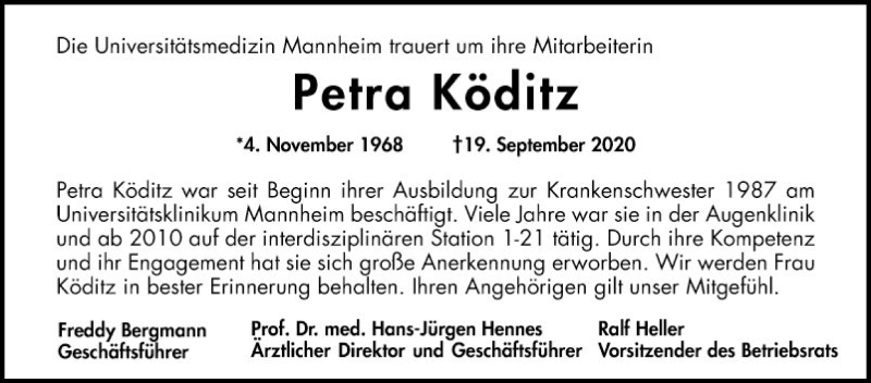  Traueranzeige für Petra Köditz vom 26.09.2020 aus Mannheimer Morgen