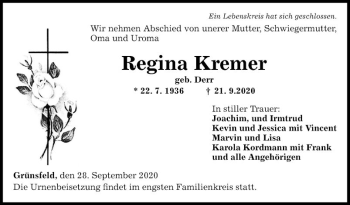 Traueranzeige von Regina Kremer von Fränkische Nachrichten