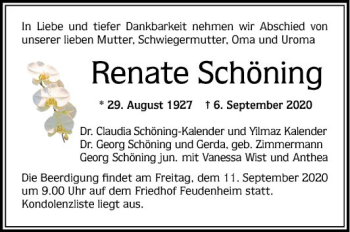 Traueranzeige von Renate Schöning von Mannheimer Morgen