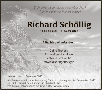 Traueranzeige von Richard Schöllig von Fränkische Nachrichten