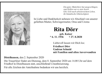 Traueranzeige von Rita Dörr von Fränkische Nachrichten