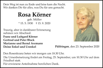 Traueranzeige von Rosa Körner von Fränkische Nachrichten