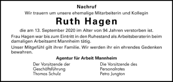 Traueranzeige von Ruth Hagen von Mannheimer Morgen