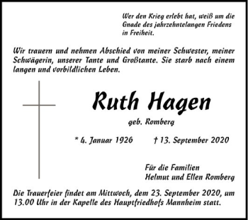 Traueranzeige von Ruth Hagen von Mannheimer Morgen