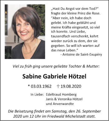 Traueranzeige von Sabine Gabriele Hötzel von Bergsträßer Anzeiger