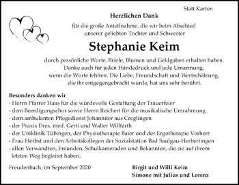 Traueranzeige von Stephanie Keim von Fränkische Nachrichten